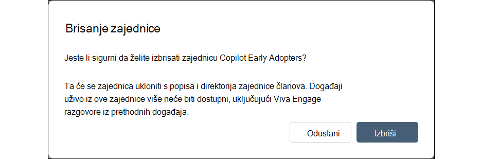 Snimka zaslona dijaloškog okvira za brisanje Engage zajednice u odjeljku Postavke.