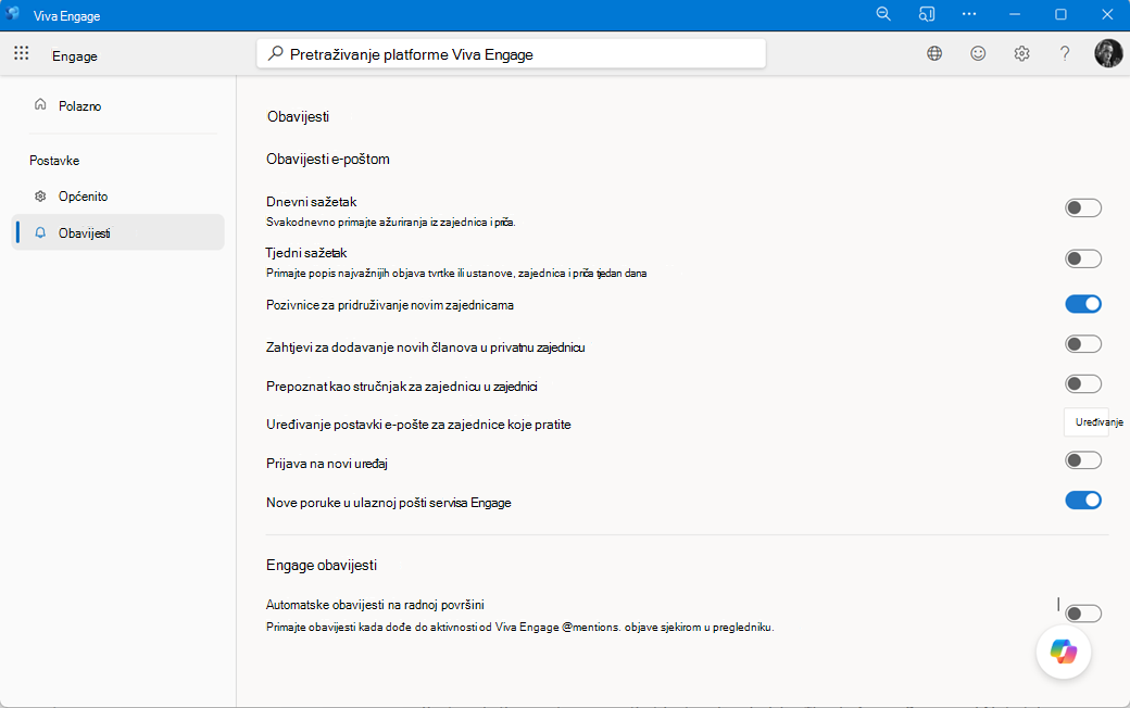 Postavke obavijesti o radu na mreži Engage