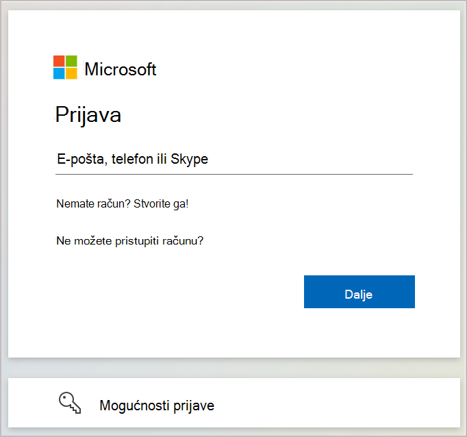 Snimka zaslona s prikazom dijaloškog okvira za prijavu u koji unosite adresu e-pošte ili telefonski broj povezan s vašim Microsoftovim računom.