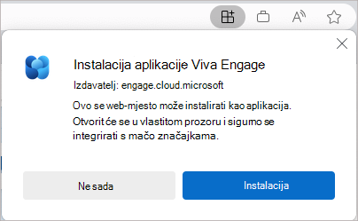 Snimka zaslona prikazuje službeni dijaloški okvir za instalaciju aplikacije Viva Engage.