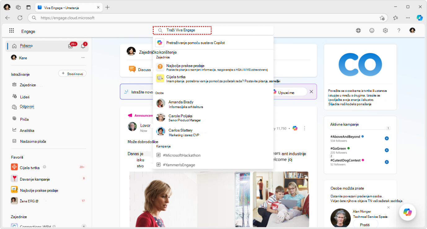Traka pretraživanja platforme Viva Engage omogućuje vam i brz odabir servisa Copilot