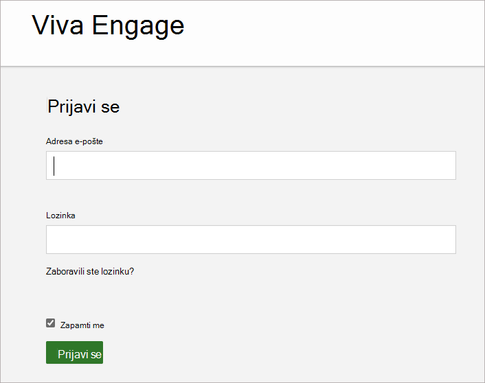 Snimka zaslona prikazuje zaslon na koji unosite adresu e-pošte i lozinku povezane s vašim računom za Viva Engage.