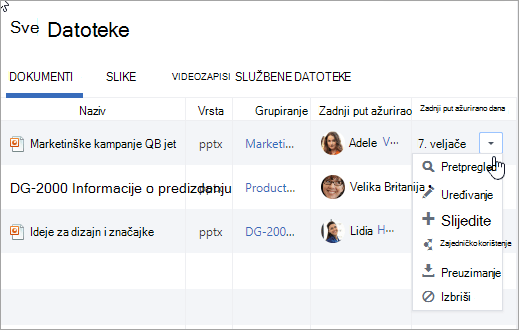 Padajući izbornik u stupcu Zadnje ažuriranje prikazuje moguće radnje