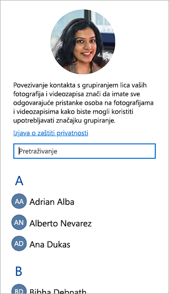 Snimka zaslona popisa koji možete koristiti za povezivanje kontakata s grupiranjima prema licima.