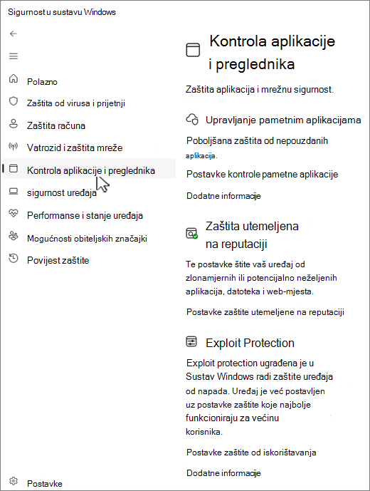 Snimka zaslona stranice za Sigurnost u sustavu Windows aplikacije.
