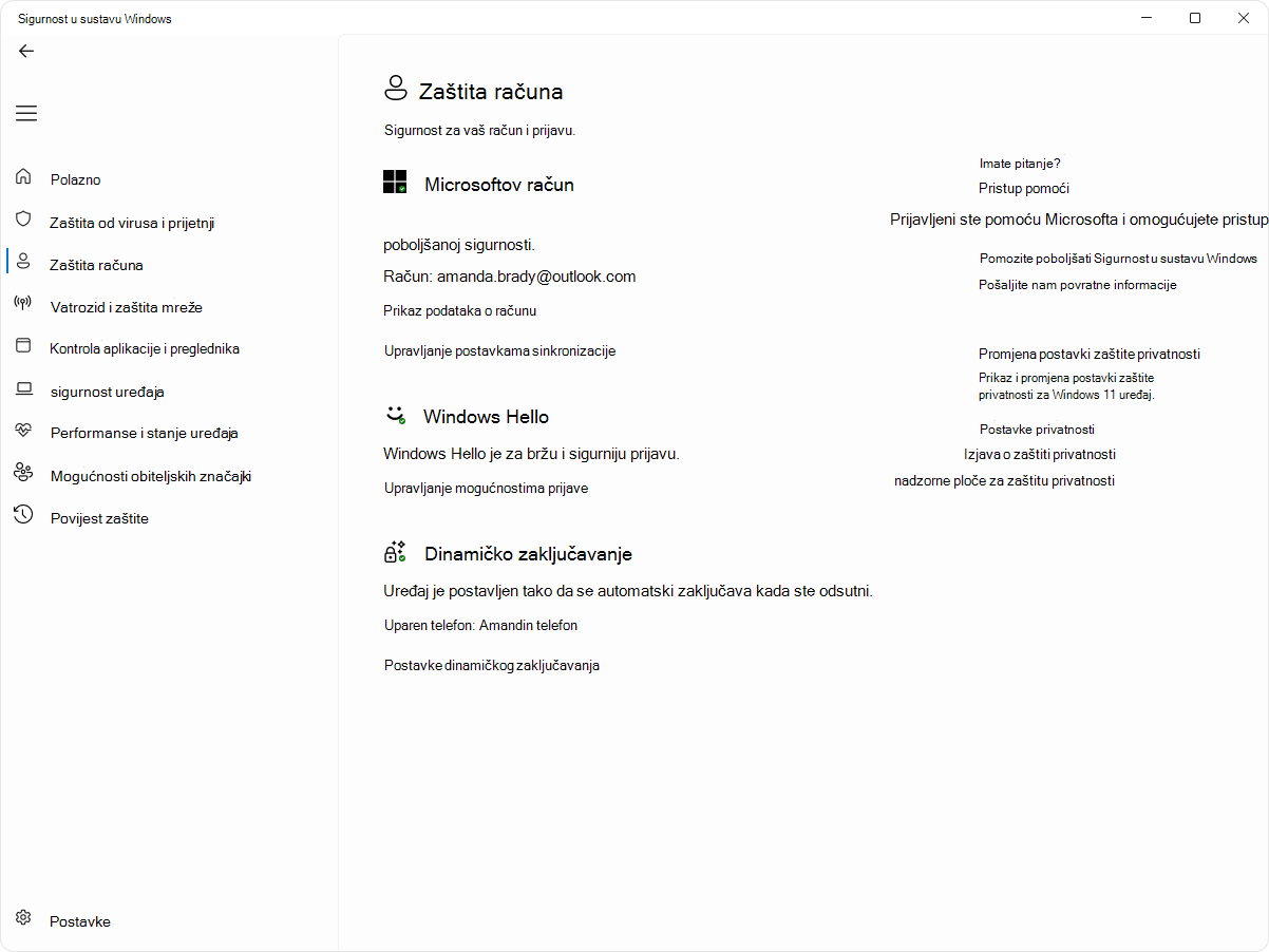 Snimka zaslona stranice za zaštitu računa aplikacije Sigurnost u sustavu Windows.