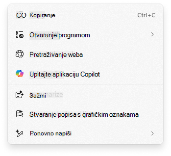 Snimka zaslona s prikazom kontekstnog izbornika značajke Akcija klikom s postavkom Pitaj Copilot