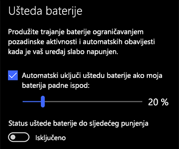 Slika postavki uštede baterije