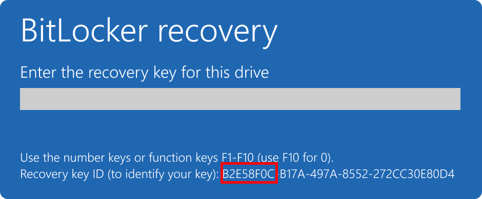Snimka zaslona za oporavak značajke BitLocker s istaknutim ID-om ključa.