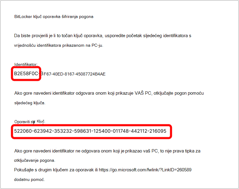 Snimka zaslona s ispisom BitLocker ključa oporavka.