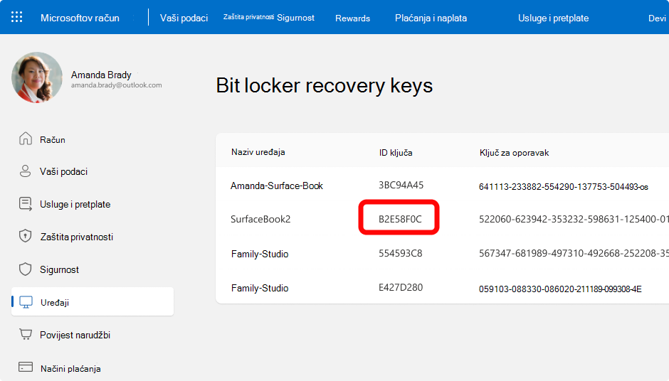 Snimka zaslona BitLocker ključeva oporavka za Microsoftov račun.