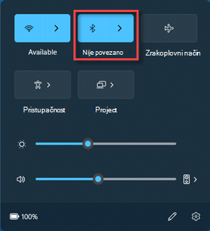 Gumb Bluetooth u stanju Nije povezano u Brzim postavkama.