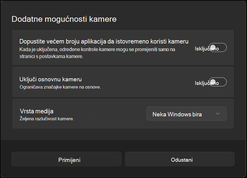 Dodatne mogućnosti kamere koje prikazuju postavke za dopuštanje većem broju aplikacija da koristi kameru, uključivanje osnovne kamere i odabir željene vrste medija.