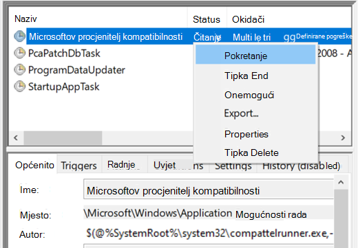 Pokretanje programa Microsoft Compatibility Appraiser u Planeru zadataka.