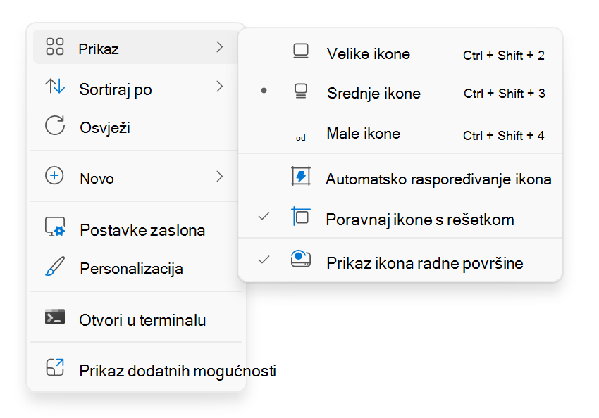 Snimka zaslona s kontekstnim izbornikom na radnoj površini koji se prikazuje kada kliknete desnom tipkom miša.