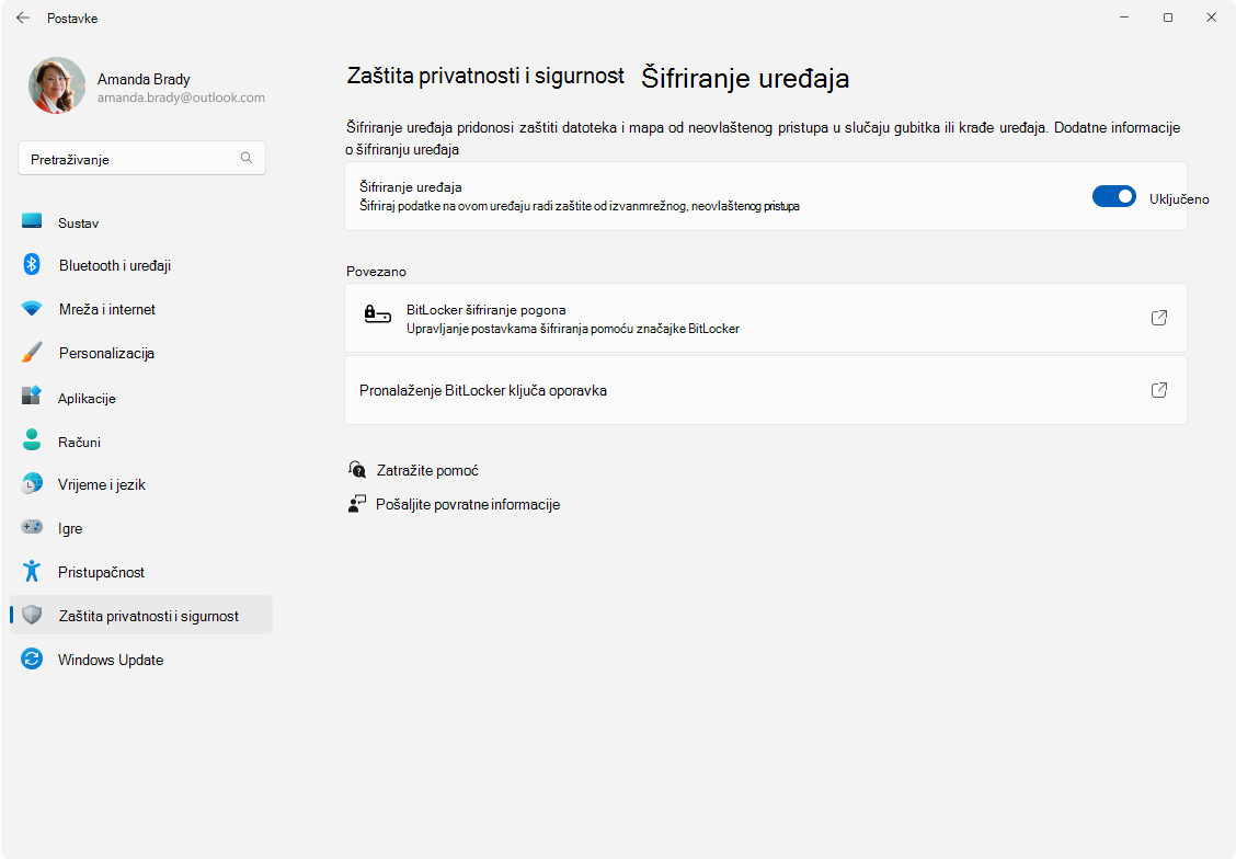 Snimka zaslona Postavke – šifriranje uređaja.