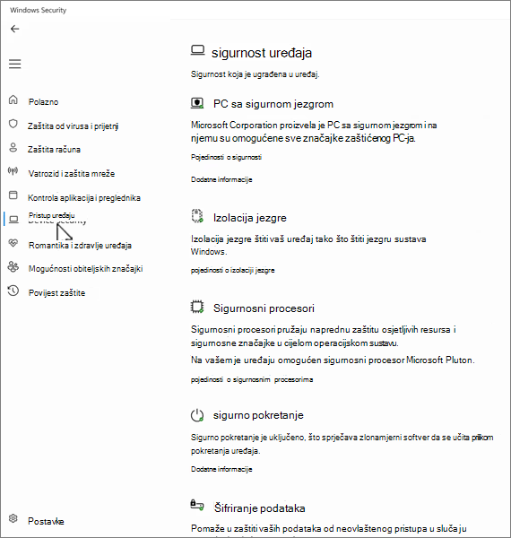 Snimka zaslona sigurnosti uređaja u aplikaciji Sigurnost u sustavu Windows.