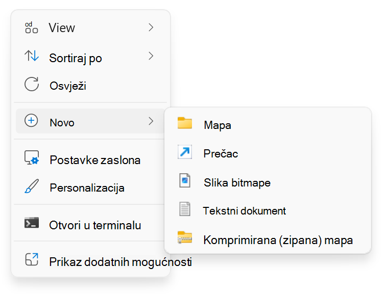 Snimka zaslona na kojoj se prikazuje desni klik > na Novo.