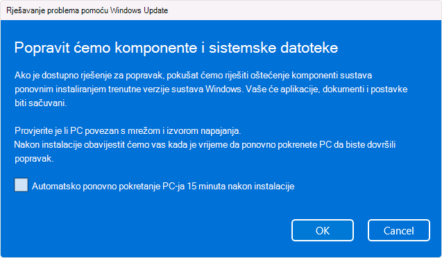 Snimka zaslona mogućnosti ponovne instalacije servisa Windows Update.
