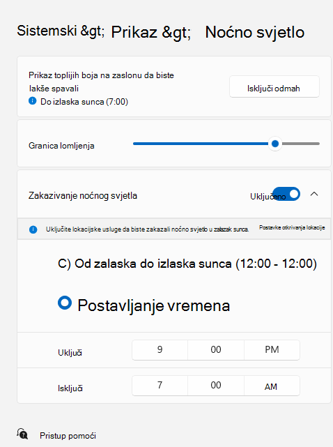 Prikazuje stranicu Noćno svjetlo s uključenim preklopnim gumbom Zakazivanje noćnog svjetla i postavkom Postavi sate odabranom ispod toga.