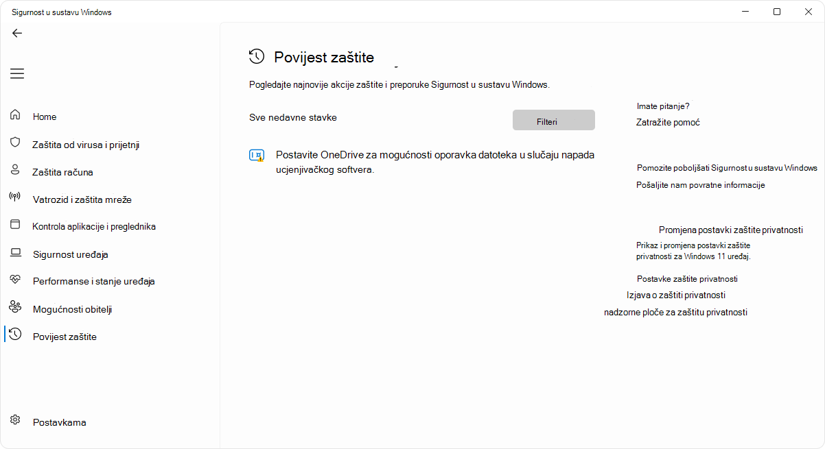 Snimka zaslona stranice s poviješću zaštite aplikacije Sigurnost u sustavu Windows.