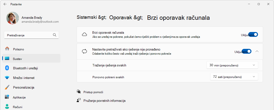 Snimka zaslona brzog oporavka uređaja za oporavak > postavki>.