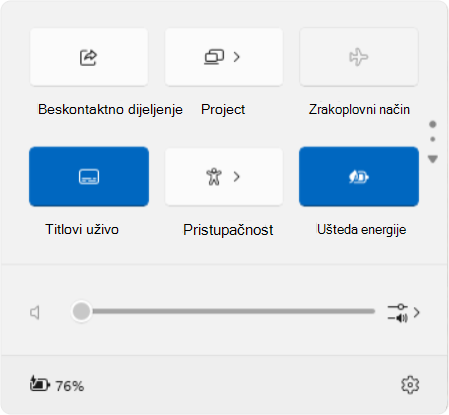 Snimka zaslona brzih postavki u sustavu Windows.