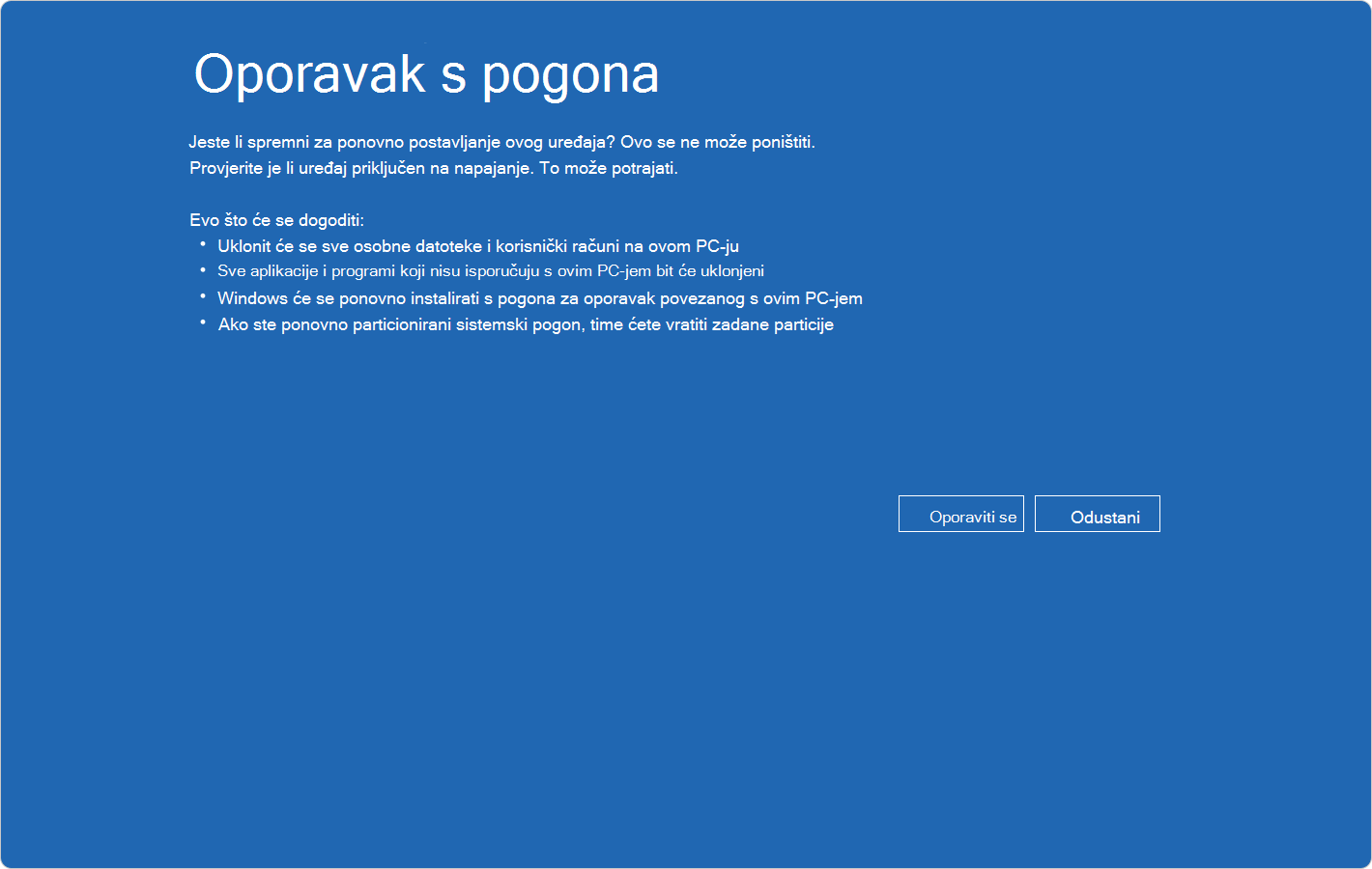 Snimka zaslona okruženja Windows RE prikazuje potvrdu oporavka s pogona
