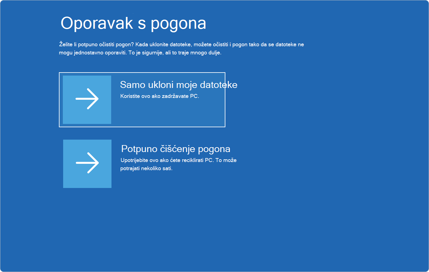 Snimka zaslona okruženja Windows RE prikazuje opcije za oporavak s pogona