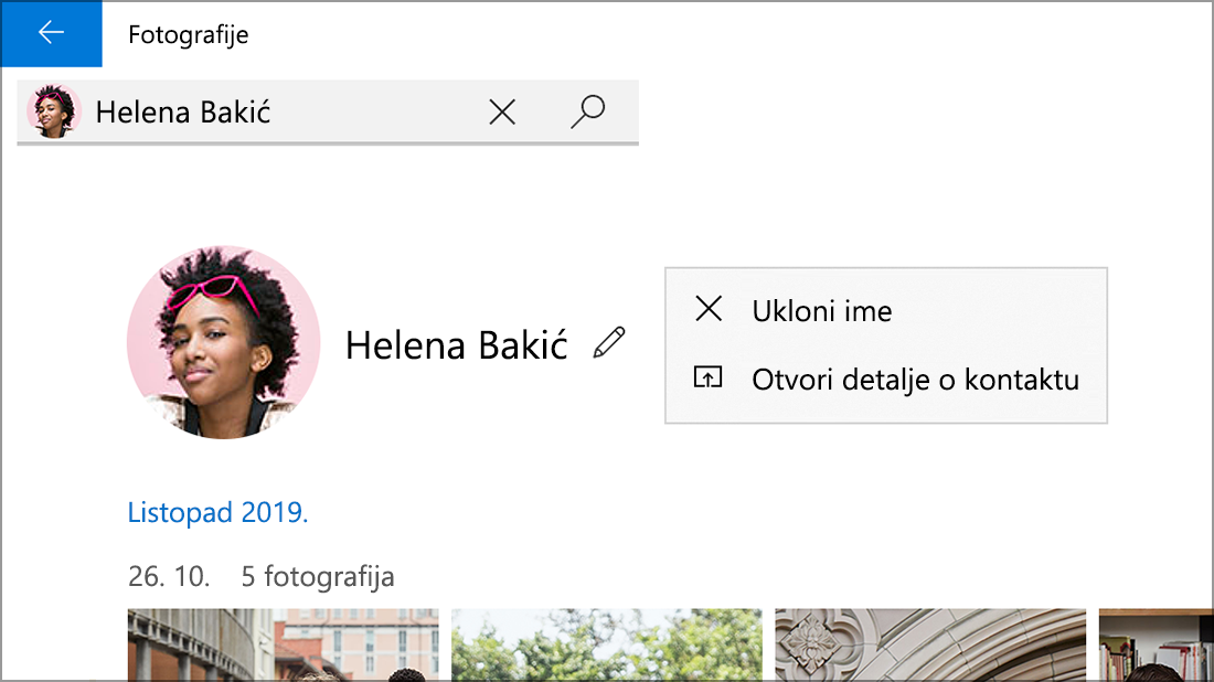 Snimka zaslona kontakta s prikazom mogućnosti Ukloni ime.