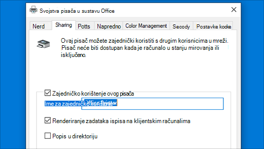 Zajedničko korištenje pisača u Svojstvima pisača