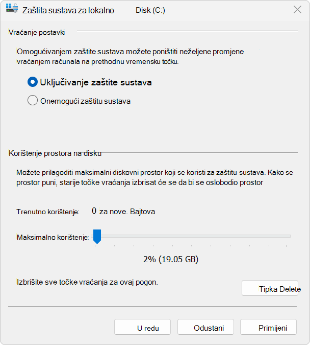 Snimka zaslona značajke Zaštita sustava.