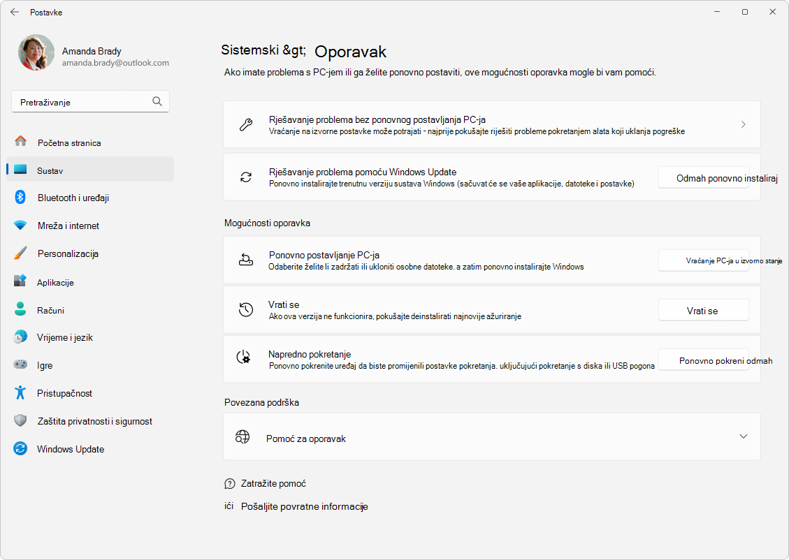 Snimka zaslona Postavke – Sustav – Oporavak.
