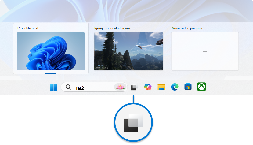 Snimka zaslona programske trake sustava Windows 11 s naglaskom na gumb prikaza zadatka.