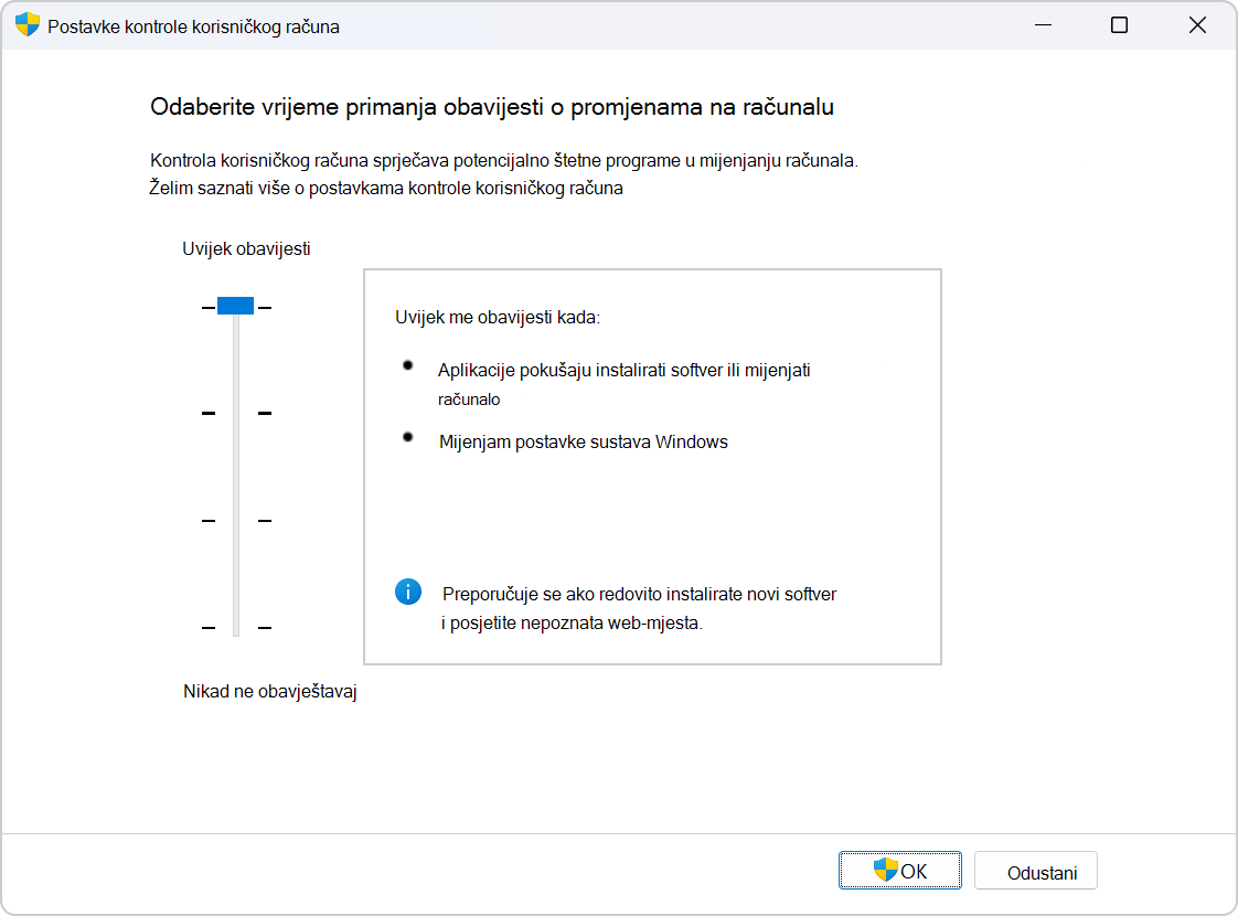 Screenshot of the settings to configure UAC.