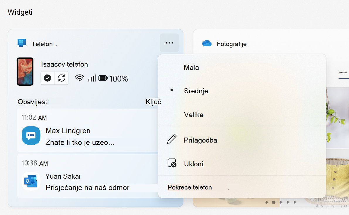 Izbornik widgeta Povezivanje s telefonom prikazuje mogućnosti veličine, prilagodbe, uklanjanja i Povezivanje s telefonom.