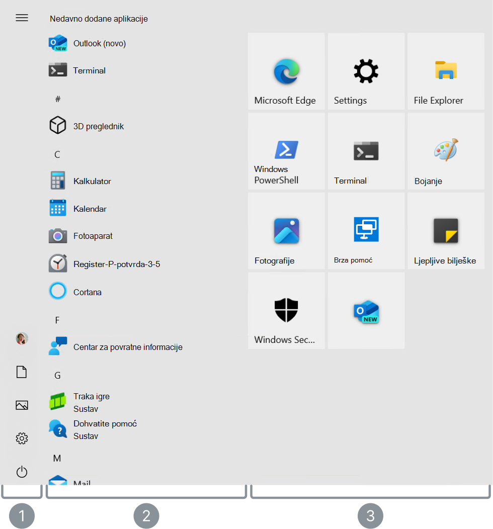 snimka zaslona izbornika Start sustava Windows 10 s istaknuta tri glavna područja.