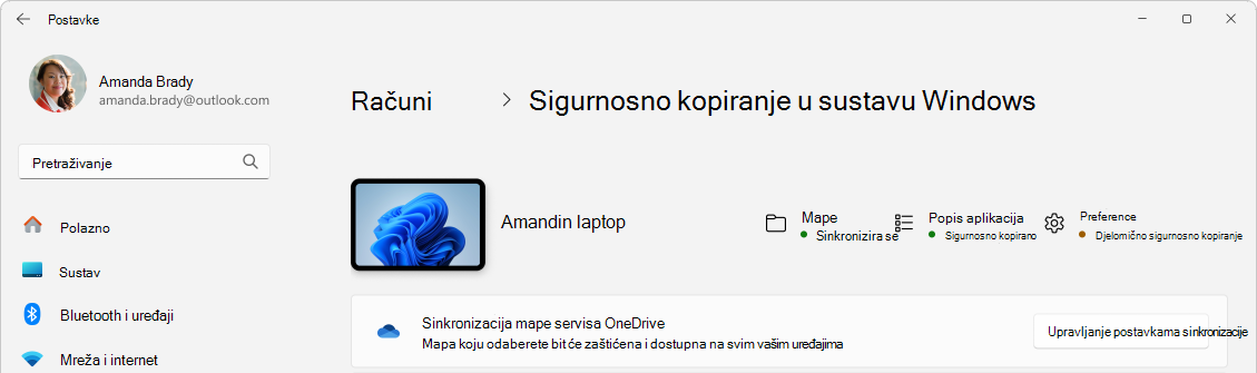 Snimka zaslona Postavki s prikazom statusa sigurnosne kopije sustava Windows.