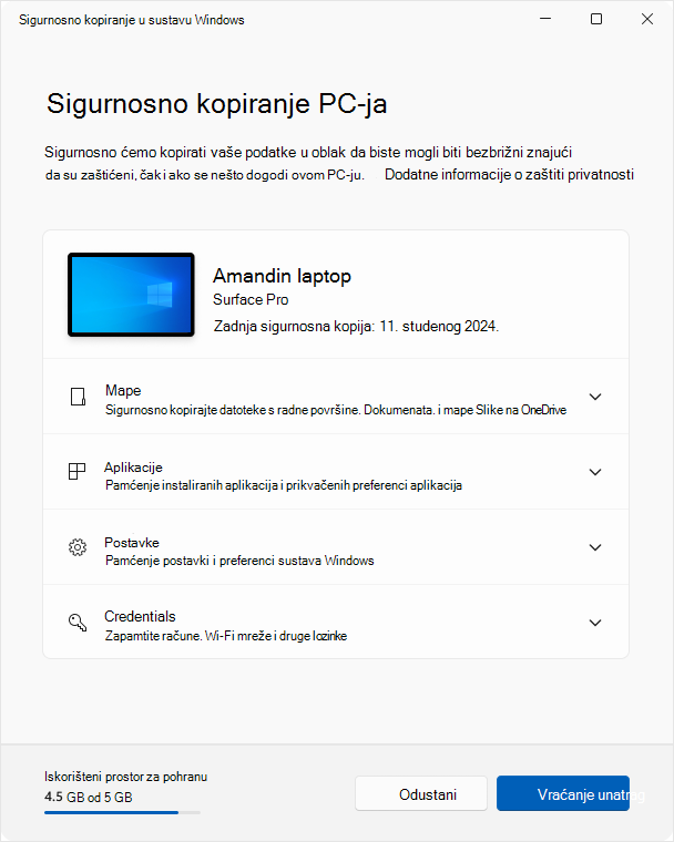 Snimka zaslona Sigurnosno kopiranje u sustavu Windows u sustavu Windows 10.