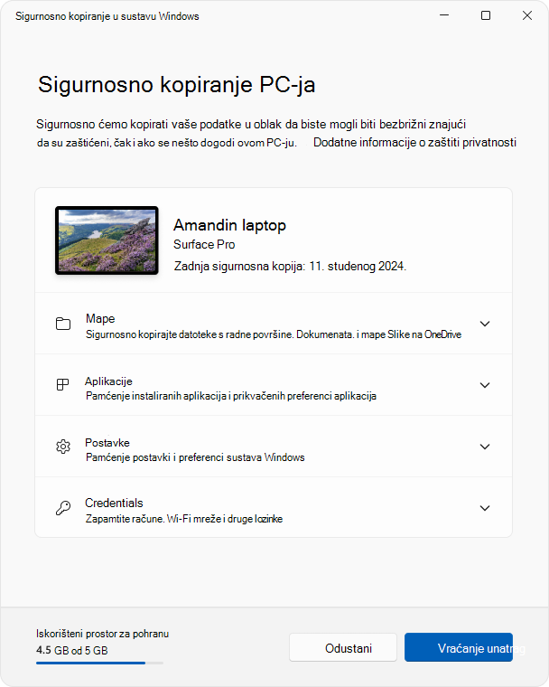 Snimka zaslona aplikacije Sigurnosno kopiranje u sustavu Windows u sustavu Windows 11.