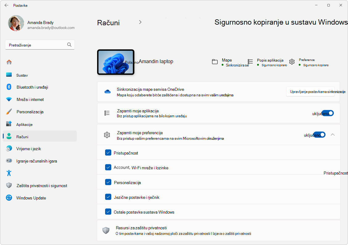 Snimka zaslona postavki > Računi Sigurnosno > kopiranje sustava Windows u sustavu Windows 11.
