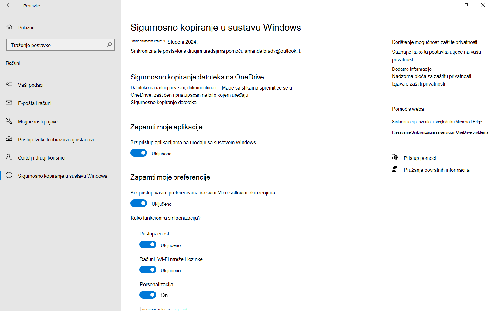 Snimka zaslona Postavke Sigurnosno kopiranje sustava Windows u sustavu Windows 10.