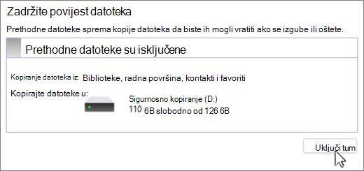 Snimka zaslona postavljanja sigurnosnog kopiranja za značajku prethodnih datoteka sustava Windows.