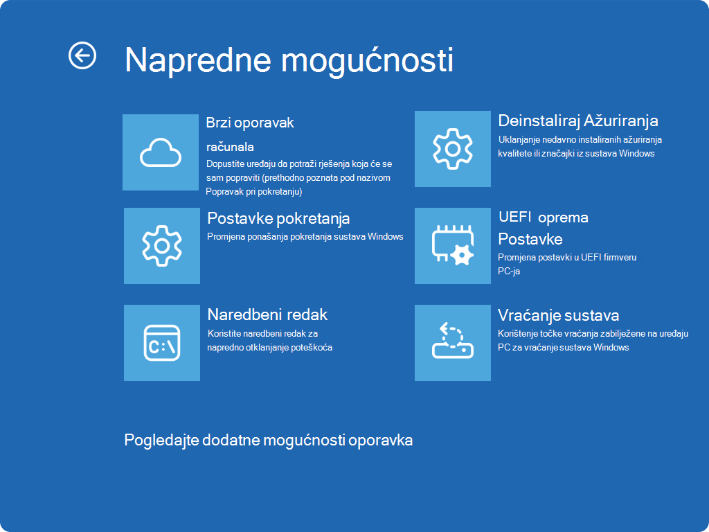 Snimka zaslona okruženja Windows RE s prikazom dodatnih mogućnosti i novim unosom QMR-a.