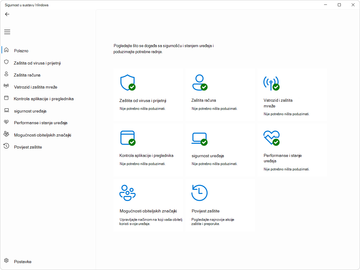 Snimka zaslona okna Sigurnost u sustavu Windows – Početno.