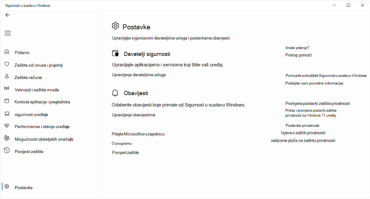 Snimka zaslona stranice s postavkama aplikacije Sigurnost u sustavu Windows.