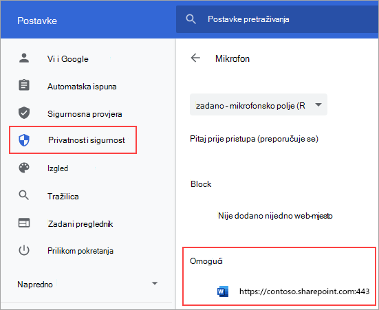 Stranica s postavkama dozvola za mikrofon za Chrome