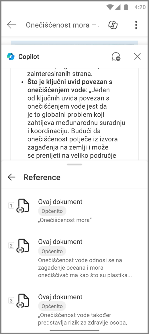 Snimka zaslona rješenja Copilot u programu Word na uređaju sa sustavom Android s referencama za odgovor rješenja Copilot