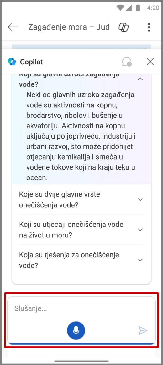 Snimka zaslona rješenja Copilot u programu Word na uređaju sa sustavom Android koja prikazuje korištenje glasovnog unosa u okviru za sastavljanje