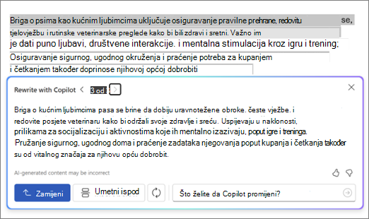 Snimka zaslona značajke Copilot u programu Word s prijedlozima i mogućnostima parafraziranja teksta